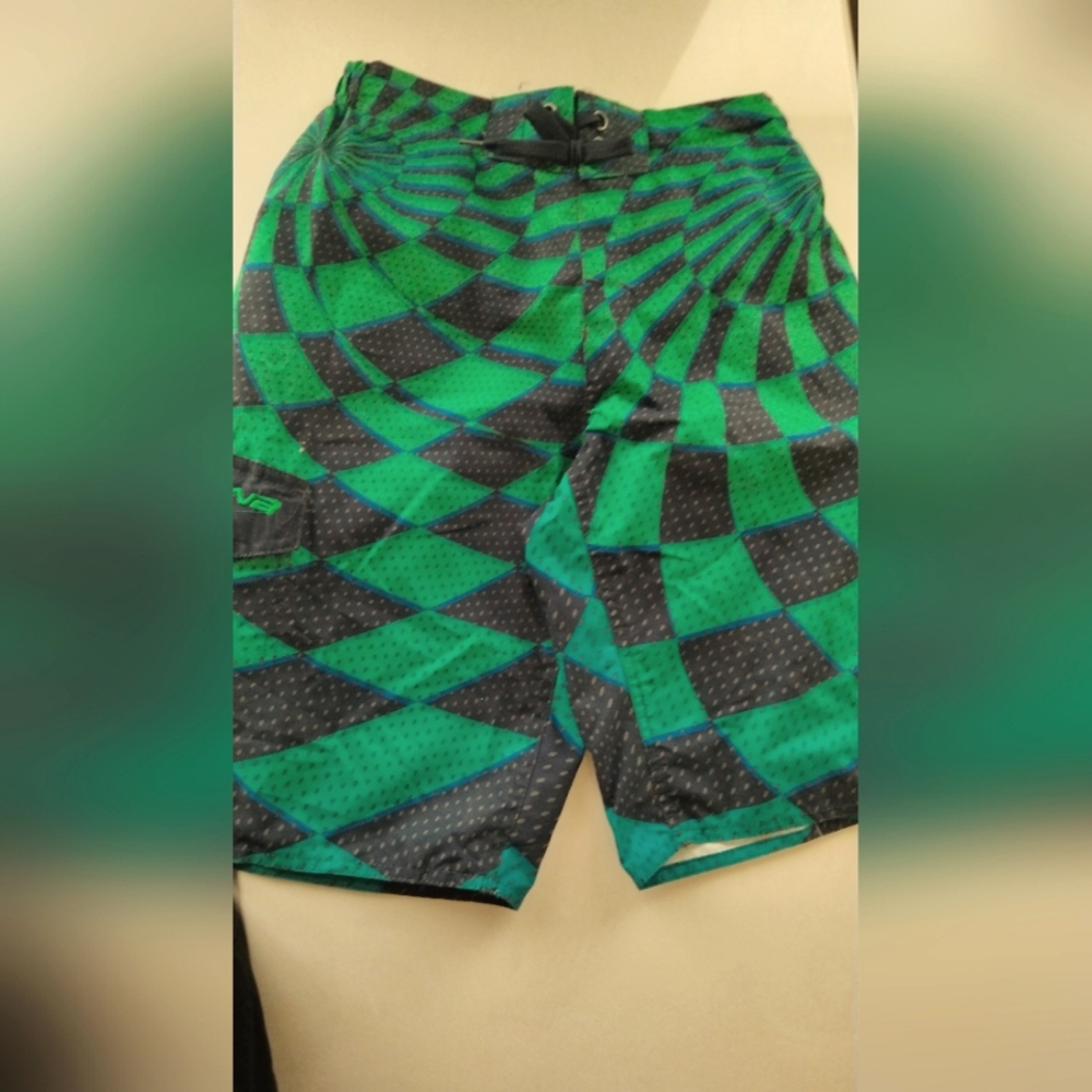 Green and Black Geometric Swim Shorts